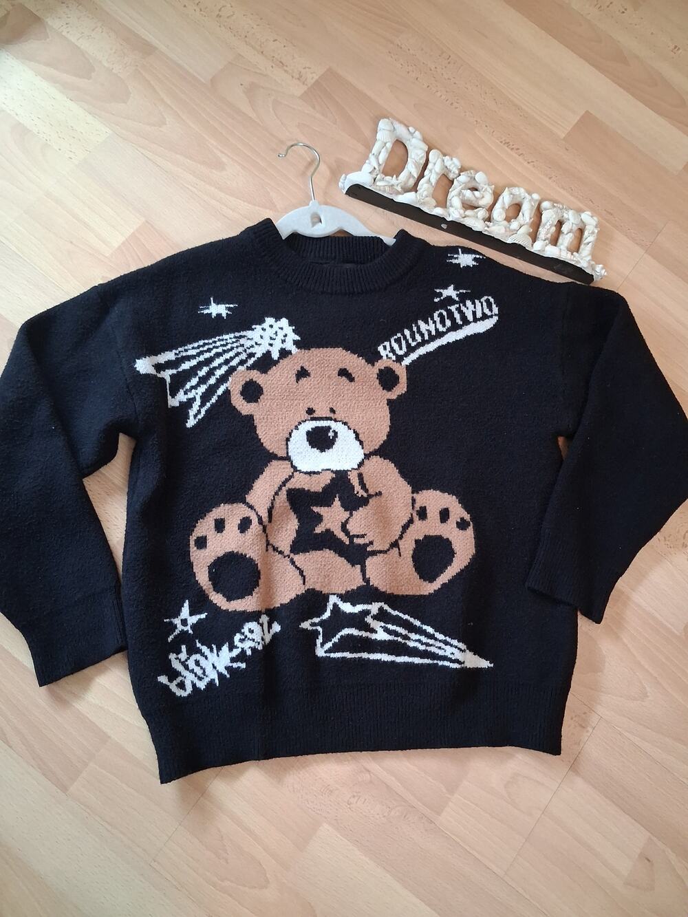 Teddy bear Cable knit Black Sweater Thick Warm Cozy M
